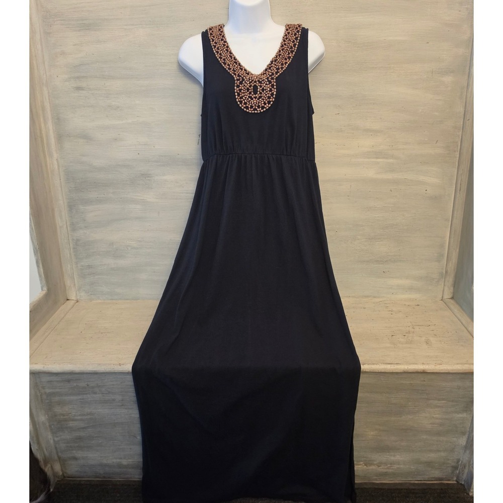 Sonoma Black Beaded Neckline Tank Style Sleeveless Maxi Dress Size Medium GC